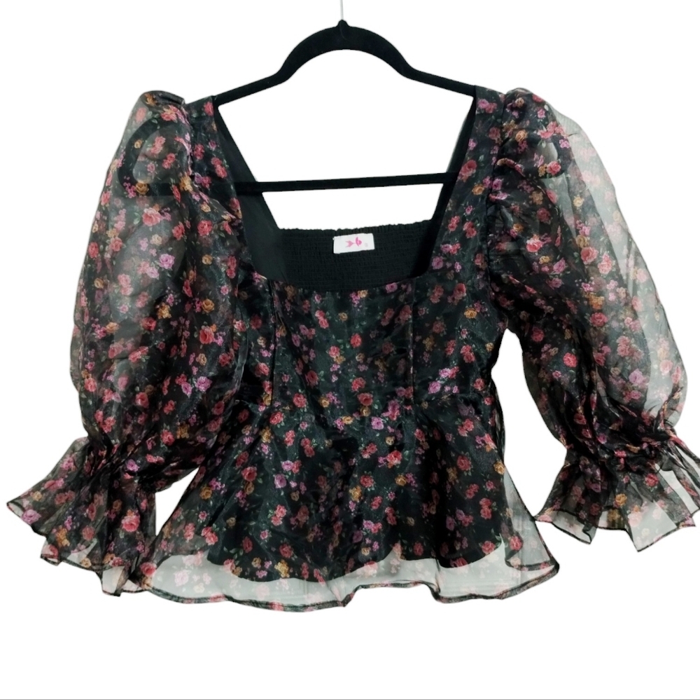 Buddy Love Women's Pammie Puff Empire Peplum Sheer Rosette‎ Baby Doll Top XS